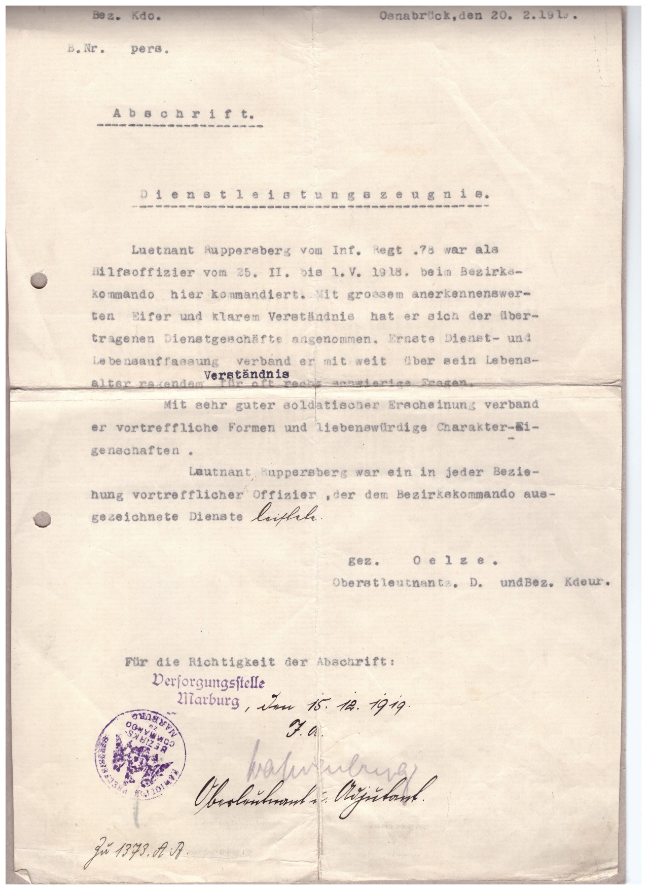 Abb. 9: Dienstleistungszeugnis Ludwig Ruppersberg, Bezirkskommando Osnabrück 1918